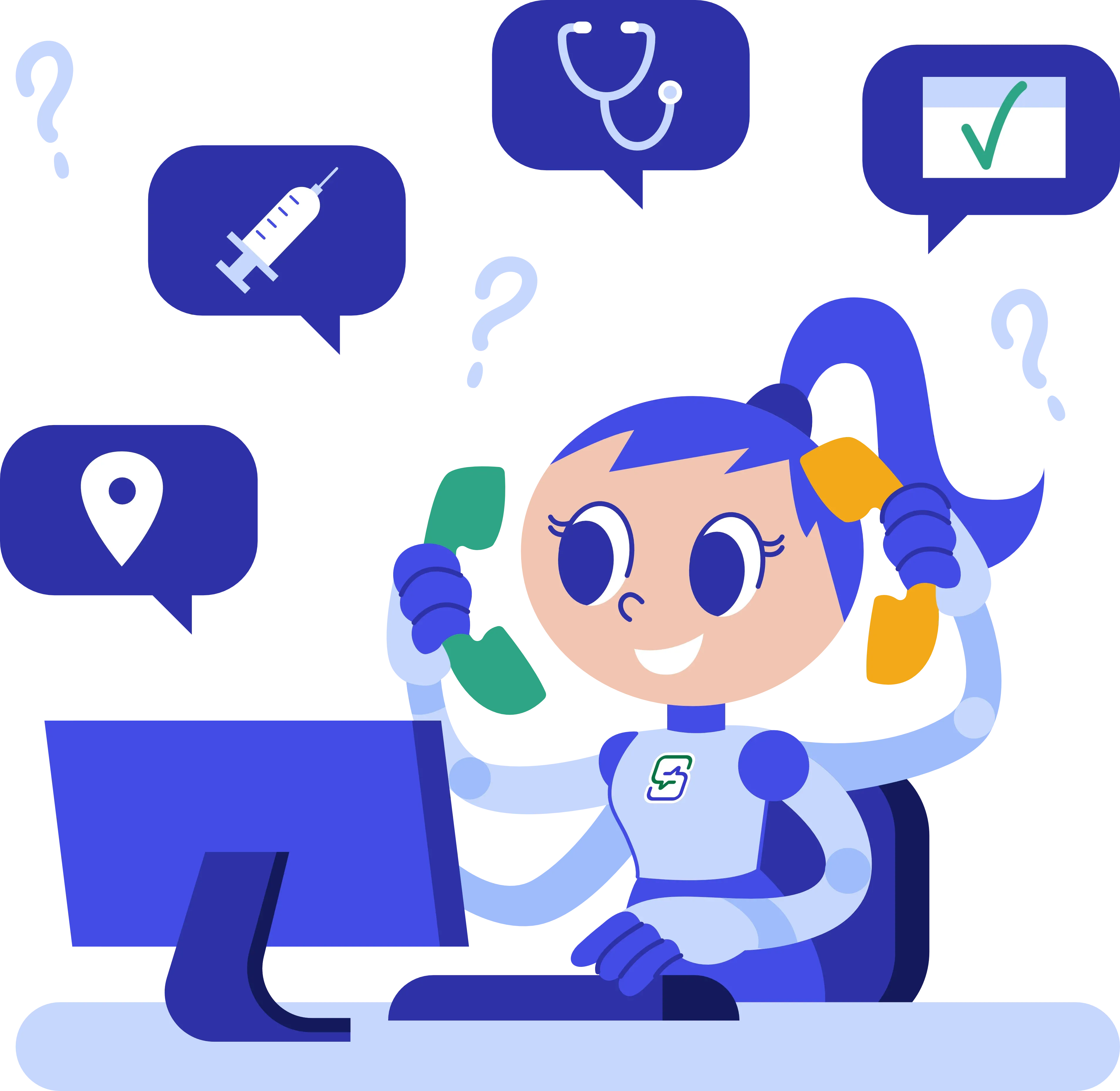 Cartoon person chatting on the phone, sitting in front of a computer, appearing attentive and engaged.