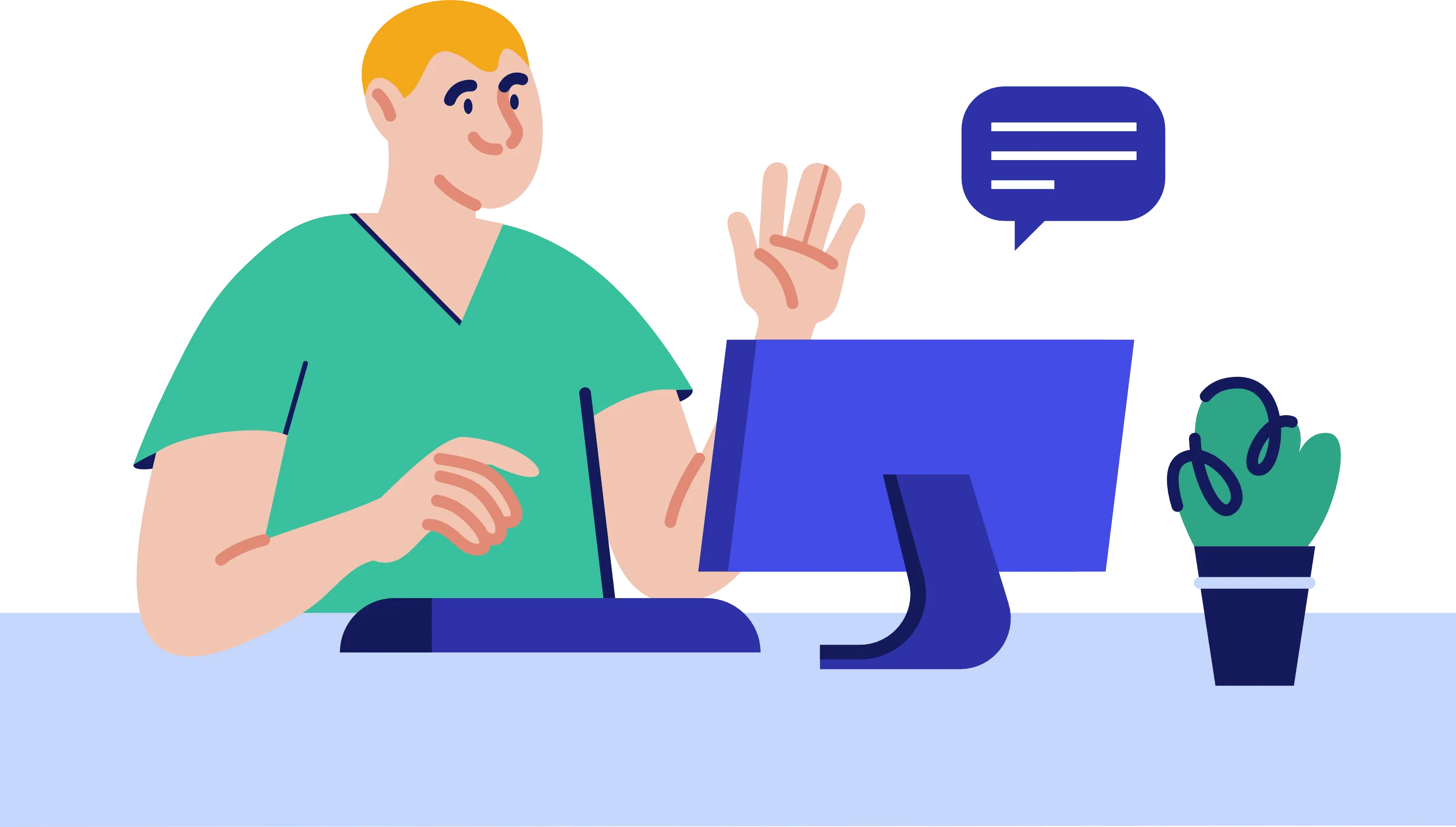 A man is seated at a desk with a computer, accompanied by a cactus, engaged in his tasks.